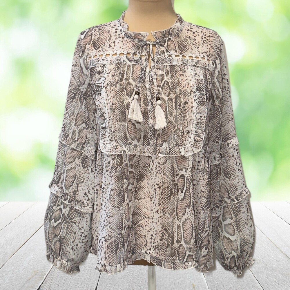 VERSONA Snake Print Peasant Blouse Balloon Sleeve Tassel Tie Ruffle Boho Size M